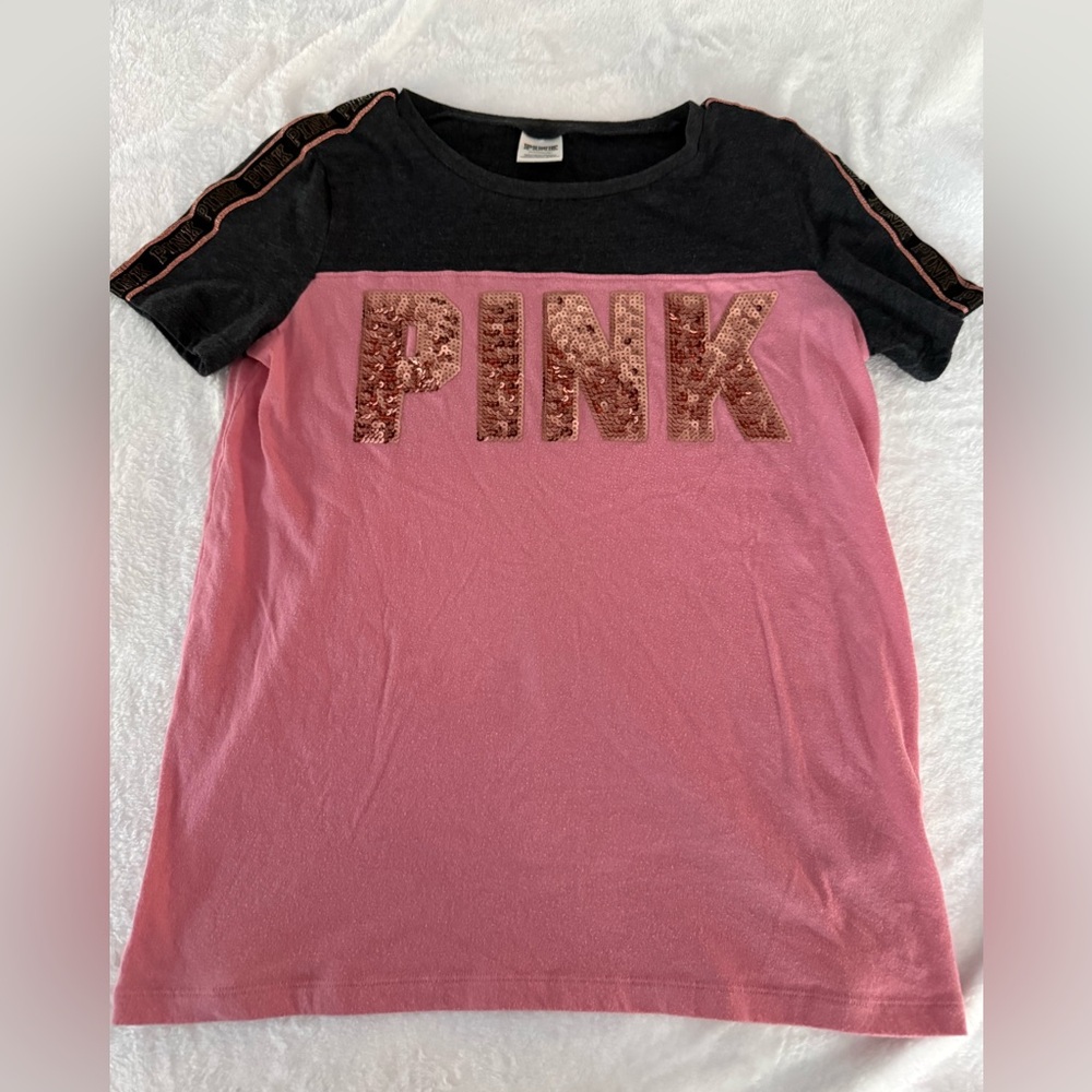Victoria Secret PINK in Sequins Black Short Sleeves Top Small S